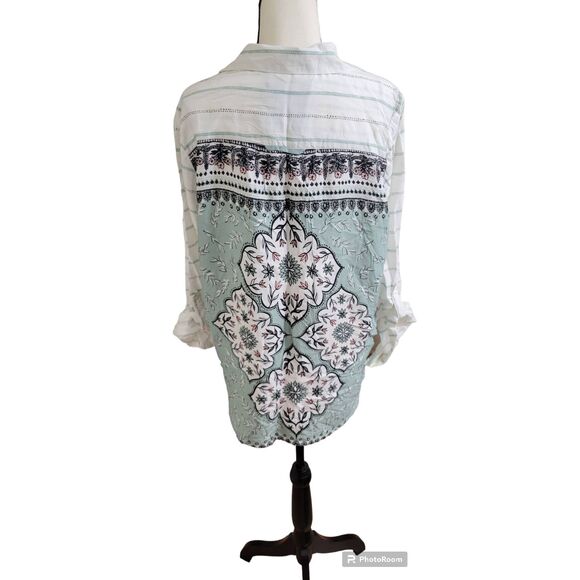 Style & Co Button Down Top Blouse Striped Front Printed Back Sz 0X - Picture 2 of 6